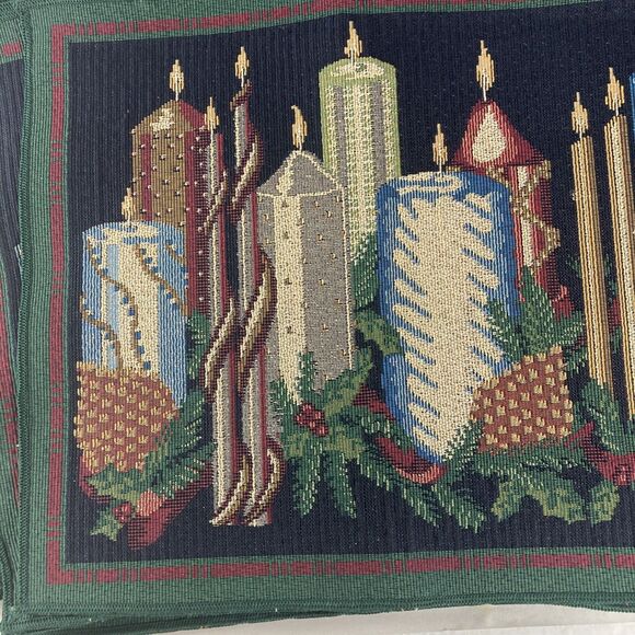 Christmas Candle Tapestry Table Runner & 10 Placemats Jewel Tones Metallic - Picture 3 of 10